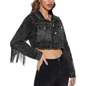 Fringe Cropped Distressed Y2K Denim Jacket Medium Western Raw Hem Grunge Retro